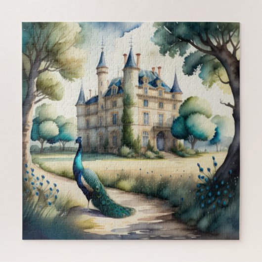 Puzzle Aquarelle Peinture de Peacock et Château (Vertical)