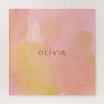 Puzzle Aquarelle rose et or Peinture Abstraite<br><div class="desc">Une jolie combinaison de touches rose,  jaune,  or et orange aquarelle et de formes organiques,  abstraites,  personnalisées avec le nom ou les mots de votre choix.</div>
