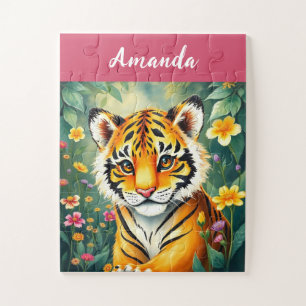 Puzzle Aquarelle rose et verte Tiger Nom des enfants