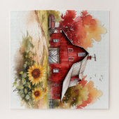 Puzzle Aquarelle Rouge rustique Grange Avec Fleurs de sol (Horizontal)