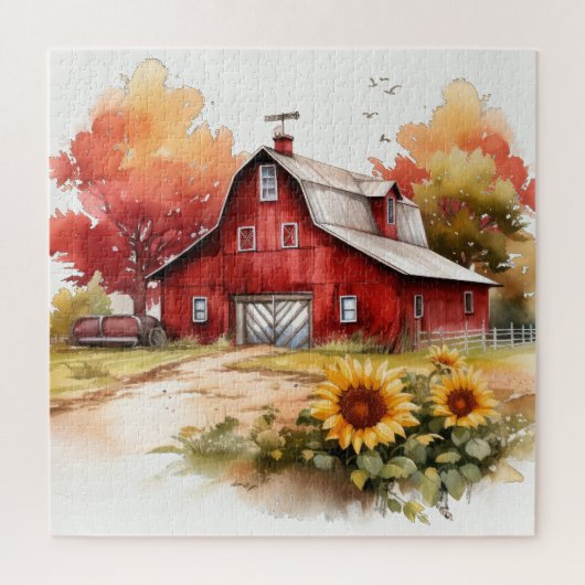 Puzzle Aquarelle Rouge rustique Grange Avec Fleurs de sol (Vertical)
