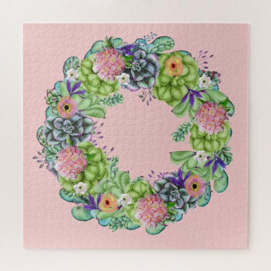 Puzzle Aquarelle succulente couronne florale sur rose (Horizontal)