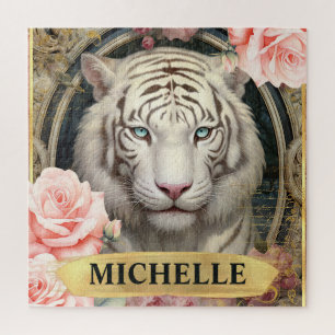 Puzzle Aquarelle Tigre Blanc Vintage et Roses Roses flora