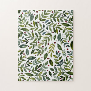 Puzzle Aquarelle verte branches saisonnières et baies
