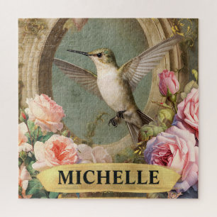 Puzzle Aquarelle Vintage Colibri Blanc & Roses Roses Pink