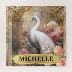 Puzzle Aquarelle Vintage Peacock blanc et Roses roses ros