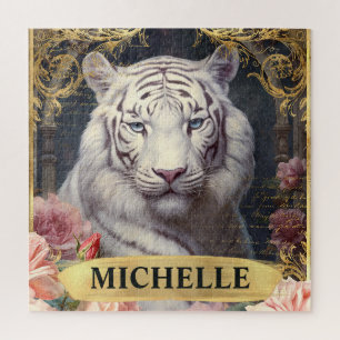 Puzzle Aquarelle Vintage Tigre blanc et Roses roses roses