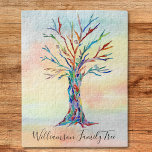 Puzzle Arborescence familiale personnalisée<br><div class="desc">Ce puzzle moderne est décoré avec un motif coloré Family Tree sur arrière - plan aquarelle. Facilement personnalisable avec votre nom de famille. Parce que nous créons notre propre oeuvre,  vous ne trouverez pas cette image exacte d'autres designers. Mosaïque originale et aquarelle © Michele Davies.</div>