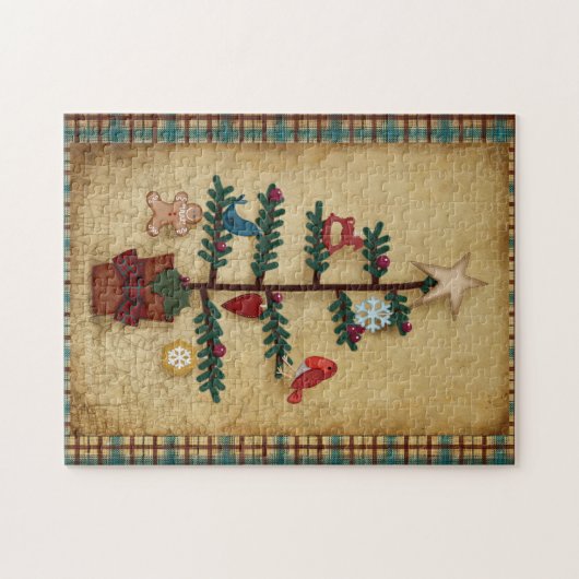 Puzzle Arbre d'art populaire de Noël | Style Prim (Horizontal)