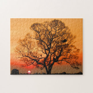 Puzzle arbre de coucher de soleil rouge