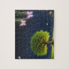 Puzzle Arbre de saule de nuit avec papillons et lucioles