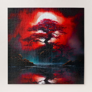 Puzzle Arbre rouge mystique sous la pleine lune