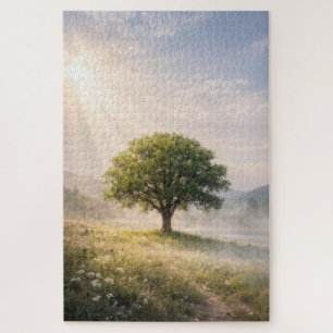 Puzzle Arbre vert solitaire avec rayons de soleil