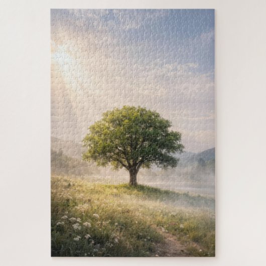 Puzzle Arbre vert solitaire avec rayons de soleil (Vertical)