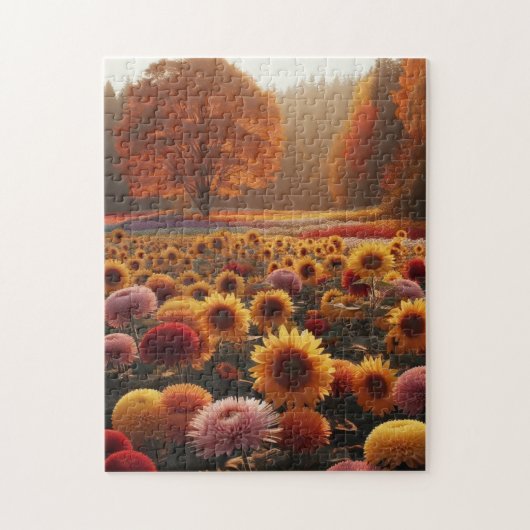 Puzzle Arbres d'automne/ champ avec chrysanthèmes (Vertical)