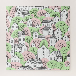 Puzzle Arbres, maisons, paysage de la ville de printemps