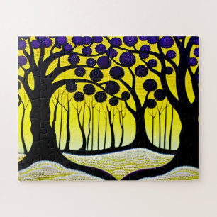Puzzle Arbres noirs aux fruits pourpres Ciel jaune pour e