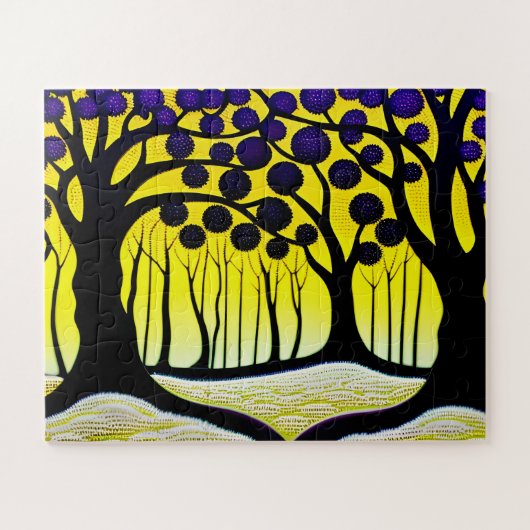 Puzzle Arbres noirs aux fruits pourpres Ciel jaune pour e (Horizontal)