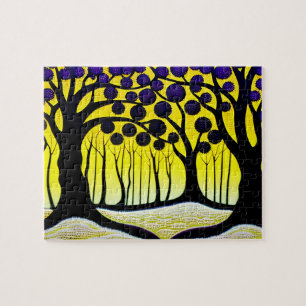 Puzzle Arbres noirs pourpres sous ciel jaune