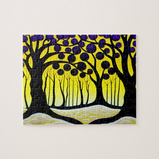 Puzzle Arbres noirs pourpres sous ciel jaune (Horizontal)