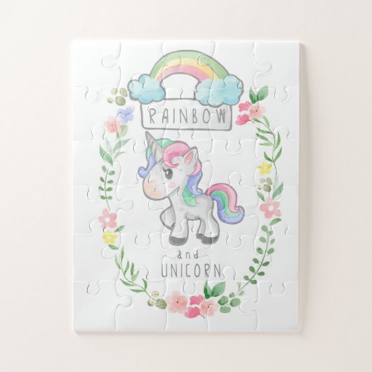 Puzzle Arc-en-ciel et fleurs Unicorne (Vertical)
