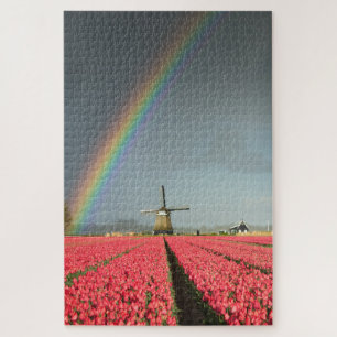 Puzzle Arc-en-ciel, tulipes et moulin à vent en Hollande