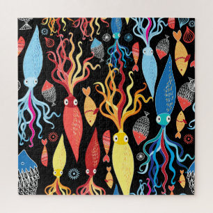 Puzzle Arrière - plan noir de poisson calmar multicolore