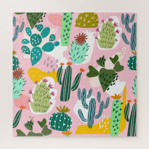 Puzzle Arrière - plan rose, motif de cactus dessiné à la
