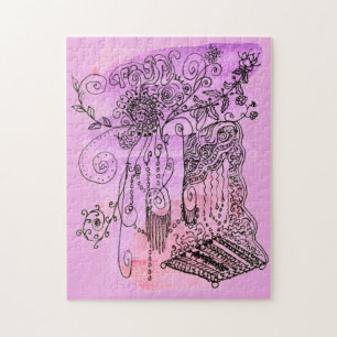 Puzzle Art Abstrait Floral Purple Orange Stylo et encre