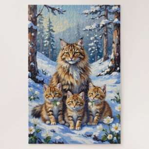 Puzzle Art de chat sibérien Fleur de forêt enneigée