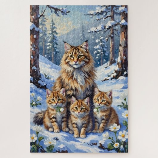 Puzzle Art de chat sibérien Fleur de forêt enneigée (Vertical)
