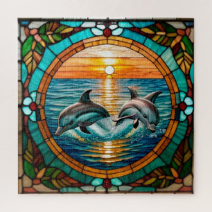 Puzzle Art de verre coloré avec des dauphins bondissant a