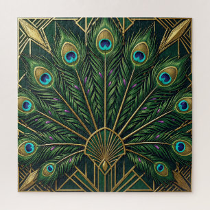 Puzzle Art Déco plumes de paon or vert émeraude