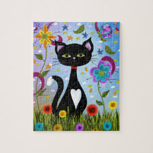 Puzzle Art folk abstrait : Charmant chat noir et blanc