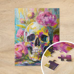 Puzzle Art moderne Vie morte Crâne et fleurs Abstraits<br><div class="desc">Un tableau moderne de style impressionniste représentant une vie morte d'un crâne entouré de fleurs vives aux couleurs pastel vives. Les coups de pinceau doux et vifs mêlent les tons rose, vert, bleu et jaune, créant un contraste entre les flancs délicats et le crâne symbolique et crâne cru. Cette oeuvre...</div>