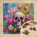 Puzzle Art moderne Vie morte Crâne et fleurs Abstraits<br><div class="desc">Un tableau moderne de style impressionniste représentant une vie morte d'un crâne entouré de fleurs vives aux couleurs pastel vives. Les coups de pinceau doux et vifs mêlent les tons rose, vert, bleu et jaune, créant un contraste entre les flancs délicats et le crâne symbolique et crâne cru. Cette oeuvre...</div>