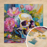 Puzzle Art moderne Vie morte Crâne et fleurs Abstraits<br><div class="desc">Un tableau moderne de style impressionniste représentant une vie morte d'un crâne entouré de fleurs vives aux couleurs pastel vives. Les coups de pinceau doux et vifs mêlent les tons rose, vert, bleu et jaune, créant un contraste entre les flancs délicats et le crâne symbolique et crâne cru. Cette oeuvre...</div>