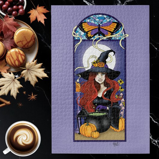 Puzzle Art Nouveau Sorcière d'Automne Citrouilles Lune Vi