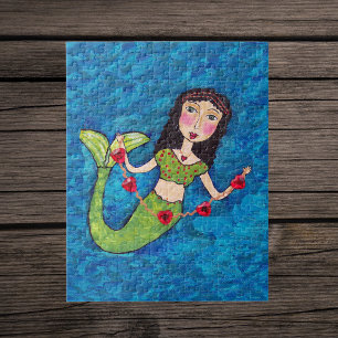 Puzzle Art populaire Mermaid verte Chaîne de cœurs rouges