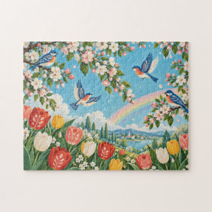 Puzzle Art populaire Printemps Tulipes Oiseaux Paysage
