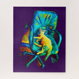 PUZZLE ART SURRÉAL D'UN CHAT COULEURS SOLIDES