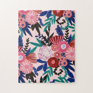 Puzzle Artsy rose rouge bleu acrylique Fleurs peintes Feu