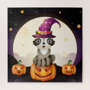 Puzzle Assistant Raccoon mignon, Citrouilles et lune