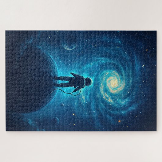 Puzzle Astronaut Exploring a Cosmic Landscape (Horizontal)
