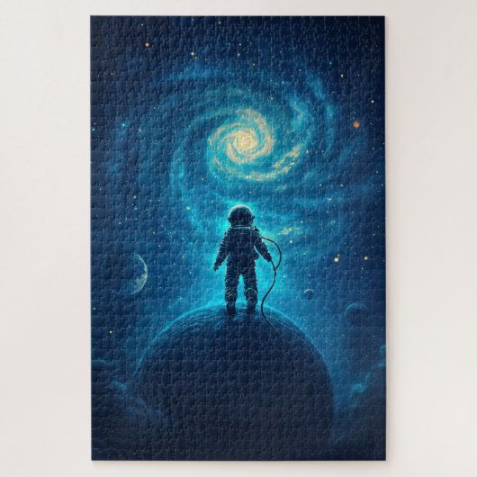 Puzzle Astronaut Exploring a Cosmic Landscape (Vertical)