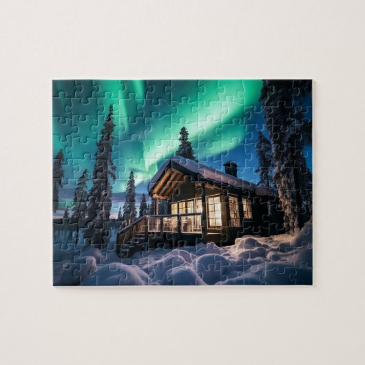 Puzzle Aurora borealis au-dessus du cabine d'hiver (Horizontal)