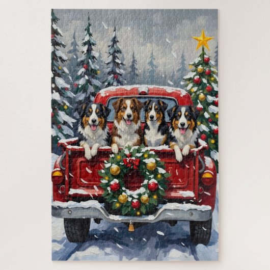 Puzzle Australian Shepherd Christmas Red Truck Holiday (Vertical)