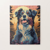 Puzzle Australian-Shepherd dans la forêt au coucher du so (Vertical)
