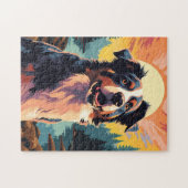 Puzzle Australian-Shepherd dans la forêt au coucher du so (Horizontal)