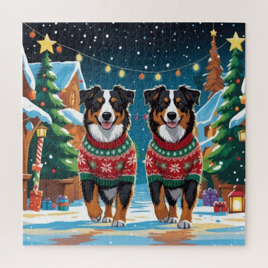 Puzzle Australian Shepherd Dogs Christmas Snow Holiday (Vertical)